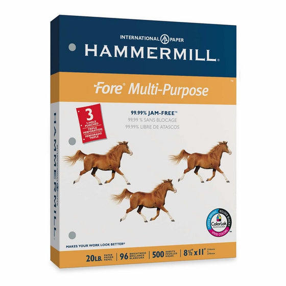 Hammermill Paper, Fore MP, 20lb, 8 x 11, 3 Hole Punch, 96 Bright, 500 Sheets/1 Ream (103275), Made In The USA