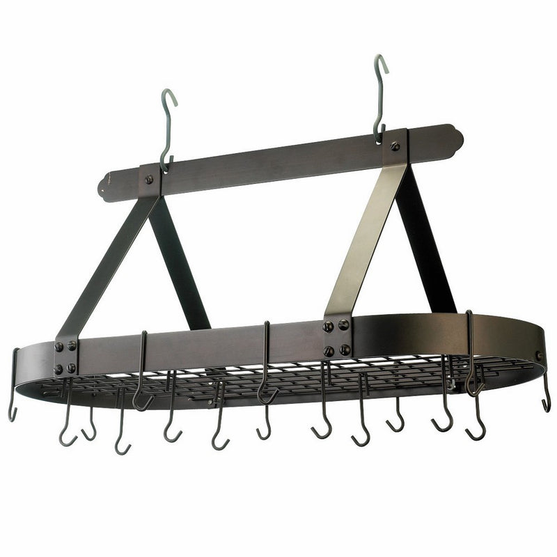 Old Dutch Oval Steel Pot Rack w. Grid & 16 Hooks, Oiled Bronze, 36" x 19" x 15.5"