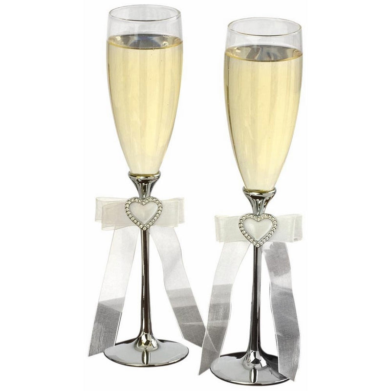 Ivy Lane Design Toasting Flutes, Silver Heart Buckle, Set of 2