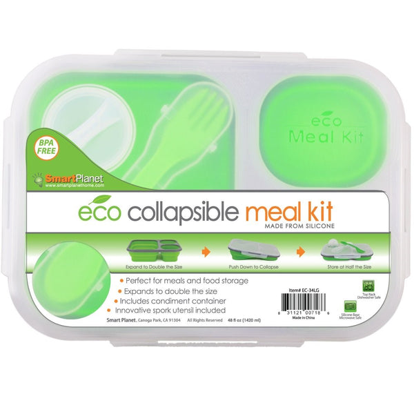 Smart Planet EC-34 Large 3-Compartment Eco Silicone Collapsible Meak Kit Lunch Box, Green