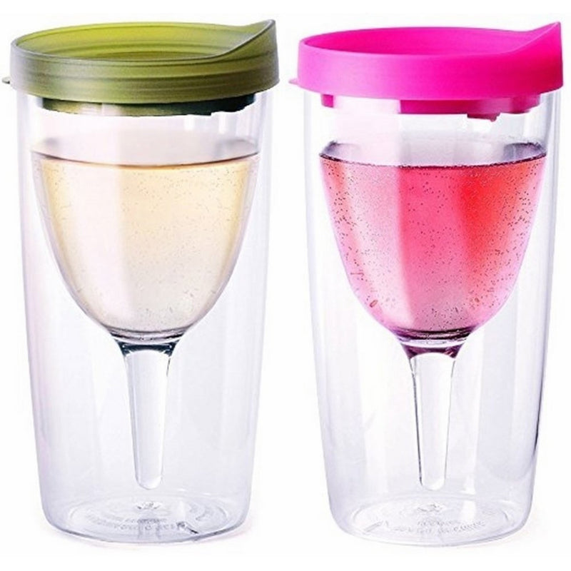 Vino2Go Double Wall Acrylic Tumbler with Verde and Pink Lids, 10 oz, Pack of 2