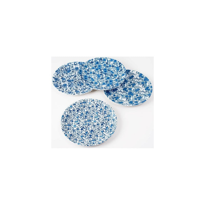 Blue & White Floral Pattern Picnic / Dinner Plate, 9 Inch Melamine, Set of 4