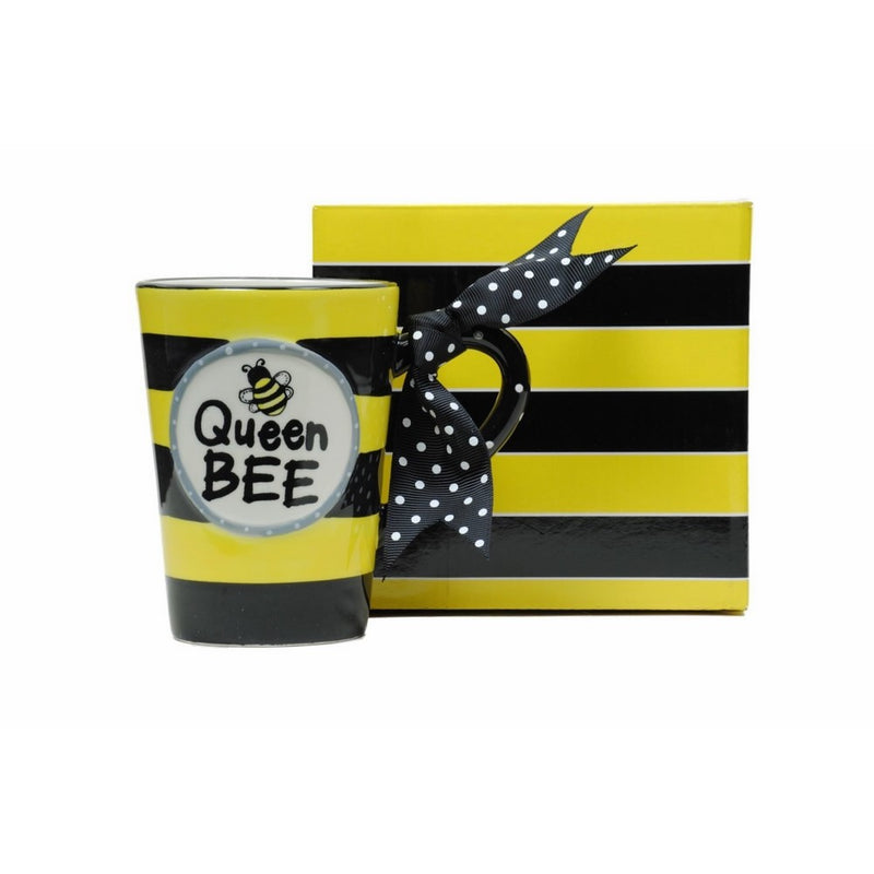 Whimsical Queen Bee 13 oz Coffee Mug with Polka Dot Bow on Handle Gift Boxed
