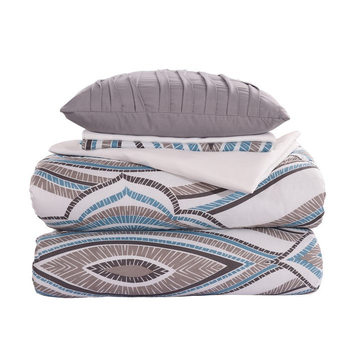 Caen 8 Piece Abstract Print King Size Bed Set The Urban Port, Blue and Gray