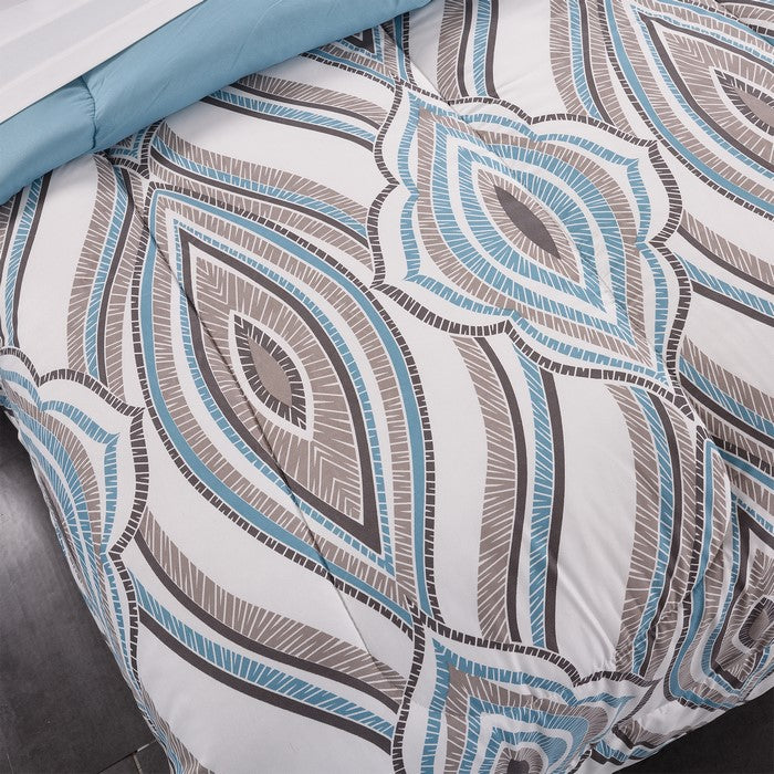 Caen 8 Piece Abstract Print King Size Bed Set The Urban Port, Blue and Gray