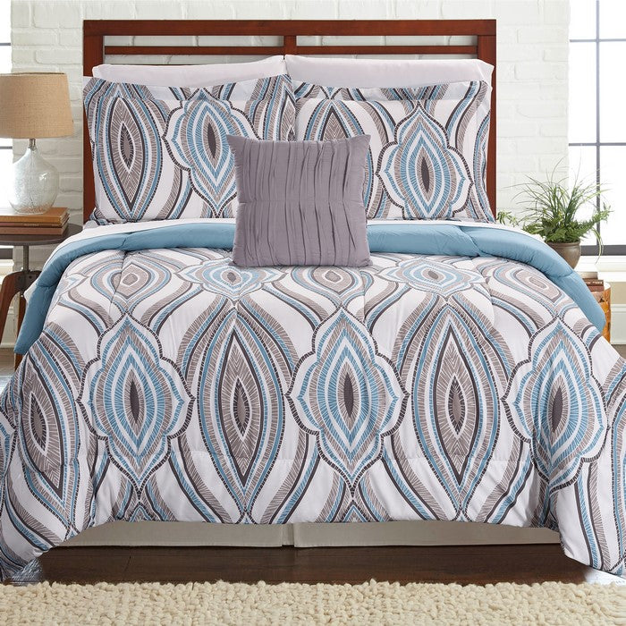 Caen 8 Piece Abstract Print King Size Bed Set The Urban Port, Blue and Gray