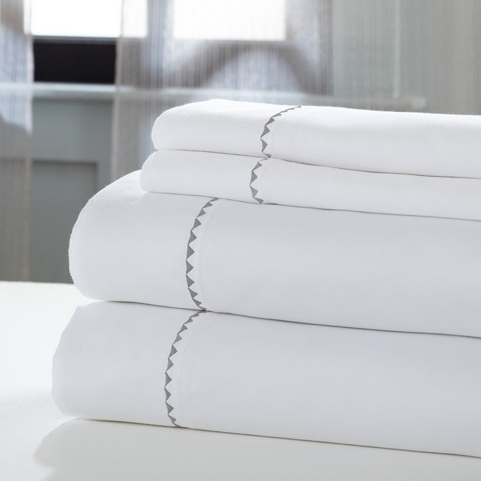 Fano 4 Piece Queen Sheet Set with Embroidered Hem The Urban Port, White and Gray
