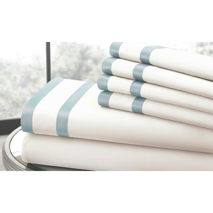 Lille 6 Piece Queen Size Sheet Set with Double Satin Band The Urban Port, Blue