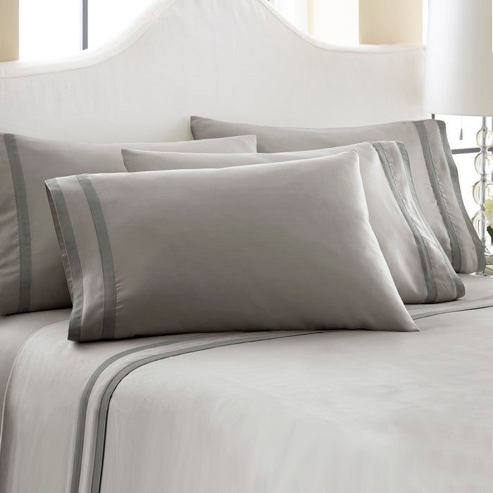 Lille 6 Piece Queen Size Sheet Set with Double Satin Band The Urban Port, Gray