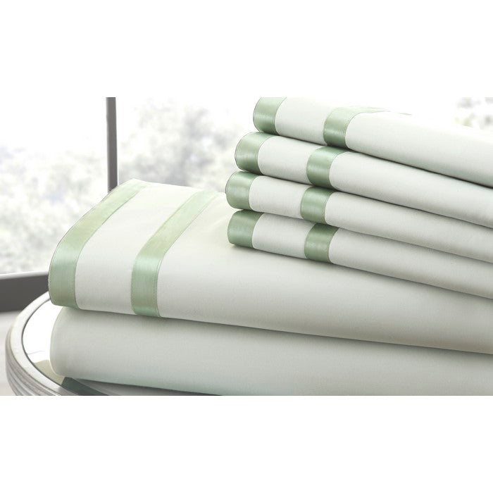 Lille 6 Piece Queen Size Sheet Set with Double Satin Band The Urban Port, Green