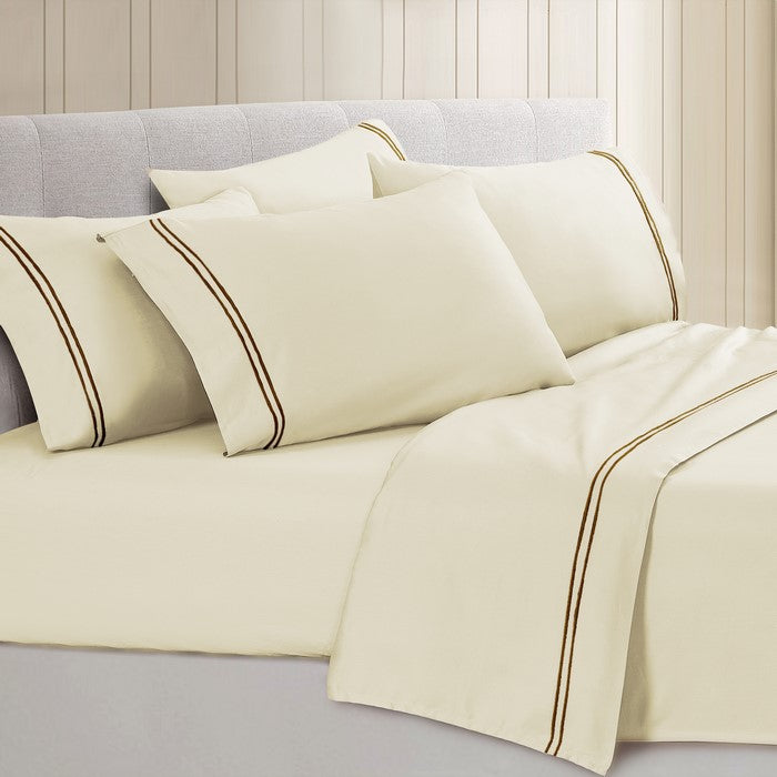 Milan 6 Piece Queen Sheet Set with Double Marrow Hem The Urban Port, Cream and Brown