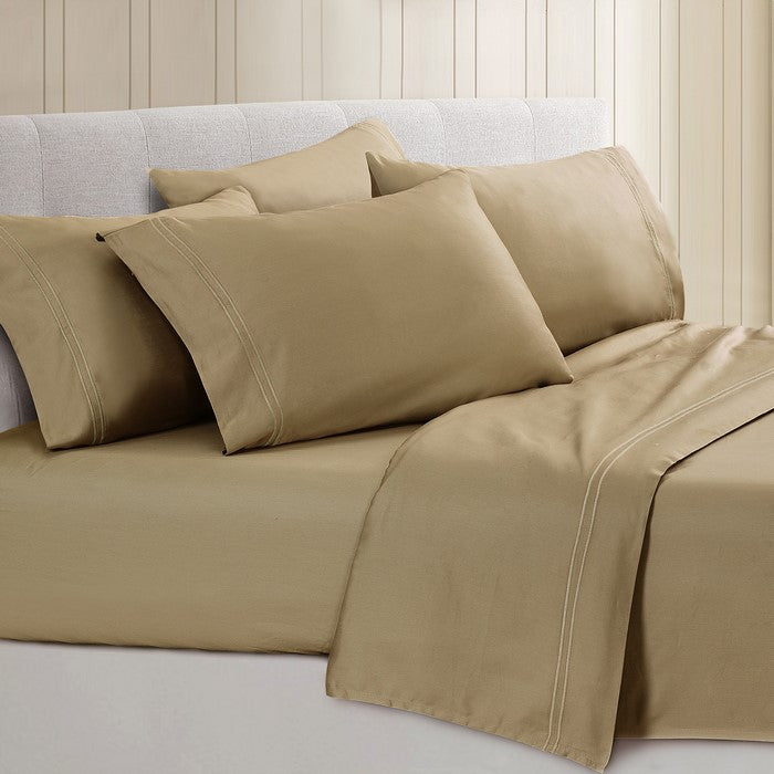 Milan 6 Piece Queen Size Sheet Set with Double Marrow Hem The Urban Port, Beige