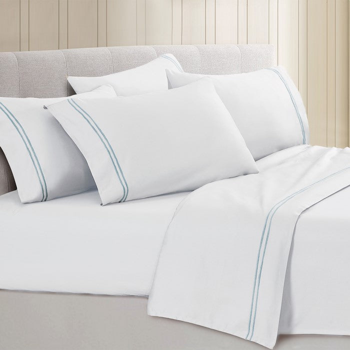 Milan 6 Piece Queen Sheet Set with Double Marrow Hem The Urban Port, White and Blue
