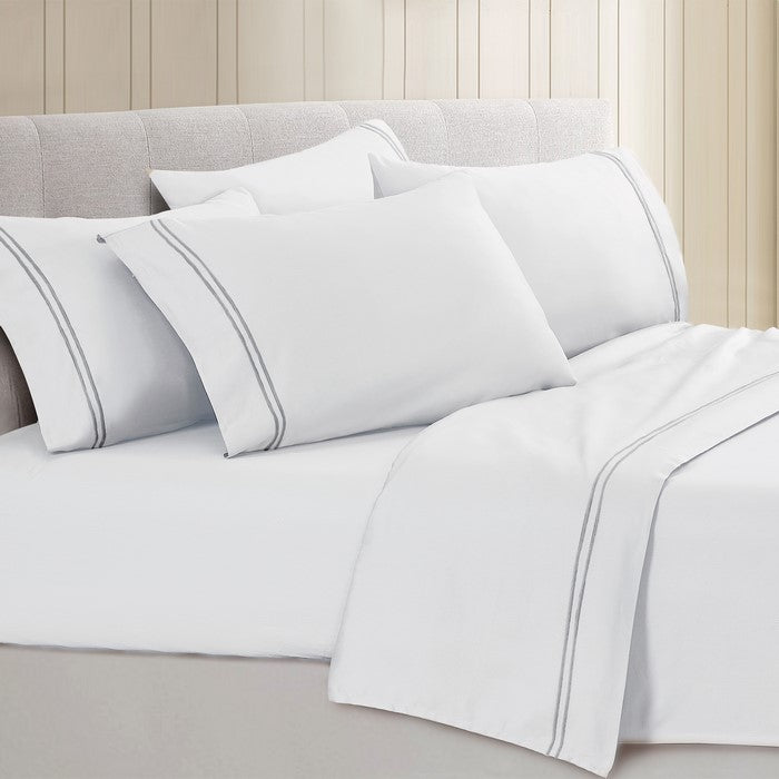 Milan 6 Piece Queen Sheet Set with Double Marrow Hem The Urban Port, White and Gray