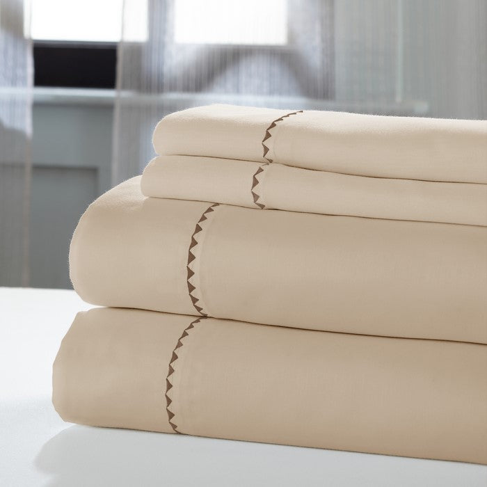 Fano 4 Piece Embroidered Hem California King Sheet Set The Urban Port,Beige and Brown