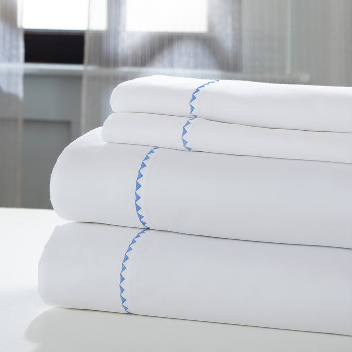 Fano 4 Piece King Size Sheet Set with Embroidered Hem The Urban Port, White and Blue