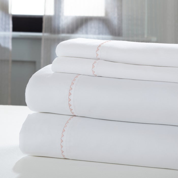 Fano 4 Piece Embroidered Hem California King Sheet Set The Urban Port, White and Pink