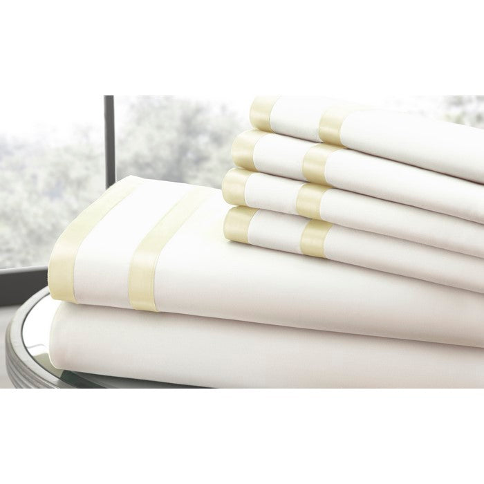 Lille 6 Piece California King Sheet Set with Satin Band The Urban Port, White and Cream