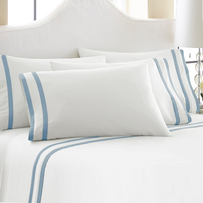 Lille 6 Piece King Size Sheet Set with Double Satin Band The Urban Port, Blue
