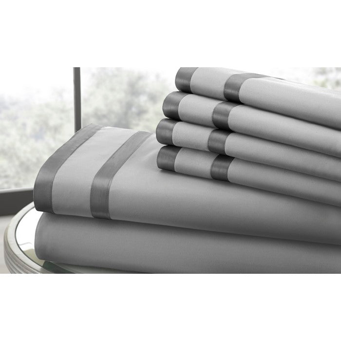 Lille 6 Piece California King Sheet Set with Double Satin Band The Urban Port, Gray