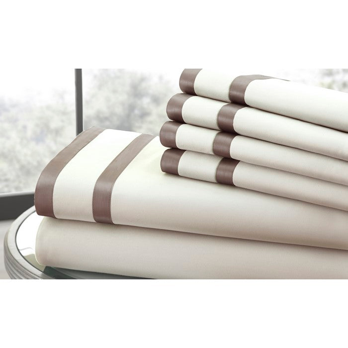 Lille 6 Piece California King Sheet Set with Band The Urban Port, Cream and Brown