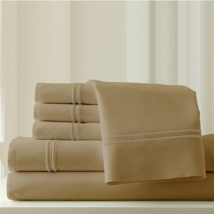 Milan 6 Piece King Size Sheet Set with Double Marrow Hem The Urban Port, Beige