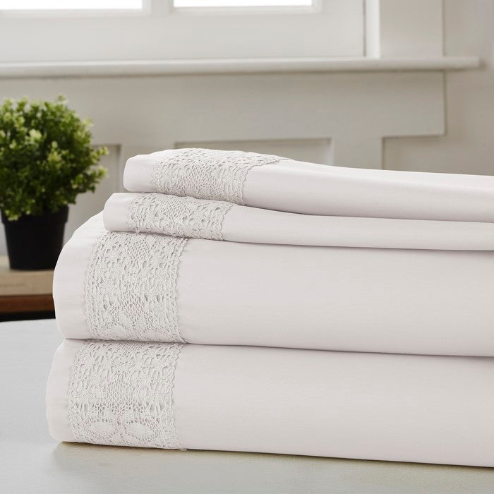 Pisa 3 Piece Diamond Lace Hem Twin Size Sheet Set The Urban Port, White
