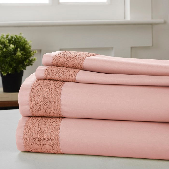Pisa 4 Piece Diamond Lace Hem Full Size Sheet Set The Urban Port, Pink
