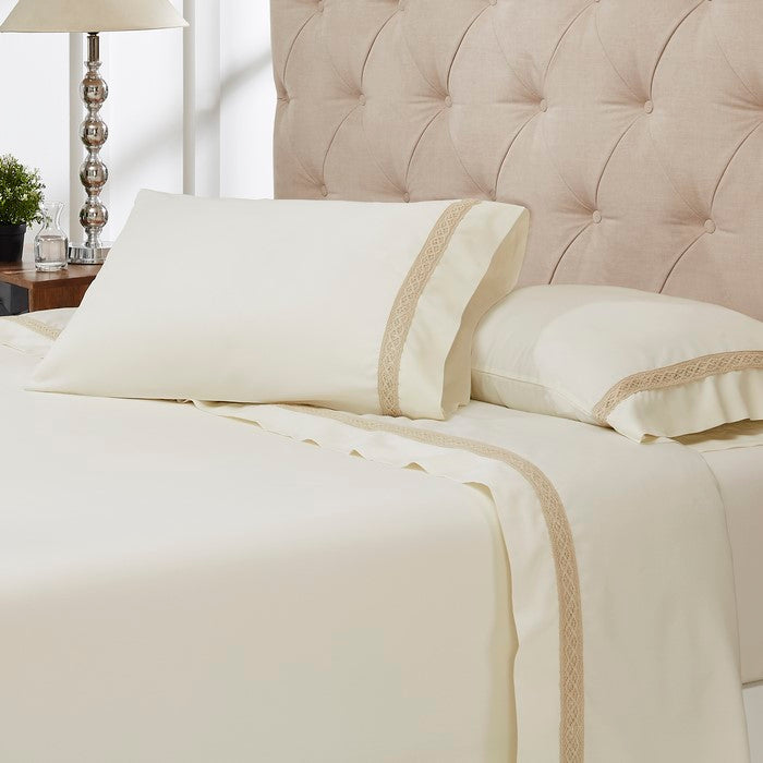 Pisa 4 Piece Daisy Lace Hem Full Size Sheet Set The Urban Port, Beige