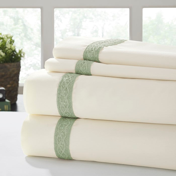 Pisa 4 Piece Daisy Lace Hem Full Size Sheet Set The Urban Port, Cream and Green