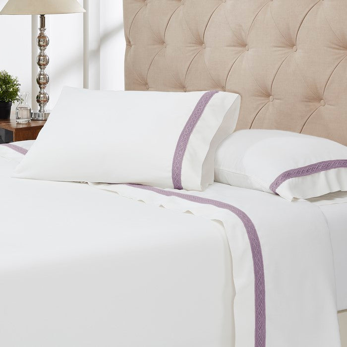 Pisa 4 Piece Daisy Lace Hem Full Size Sheet Set The Urban Port, White and Purple