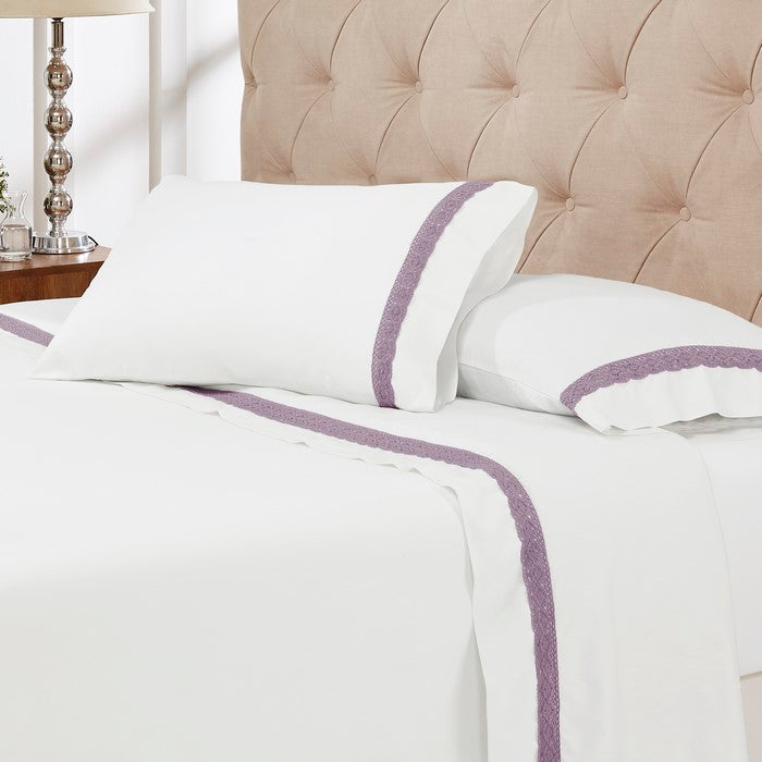 Pisa 4 Piece Sunshine Lace Hem Full Size Sheet Set The Urban Port, White and Purple