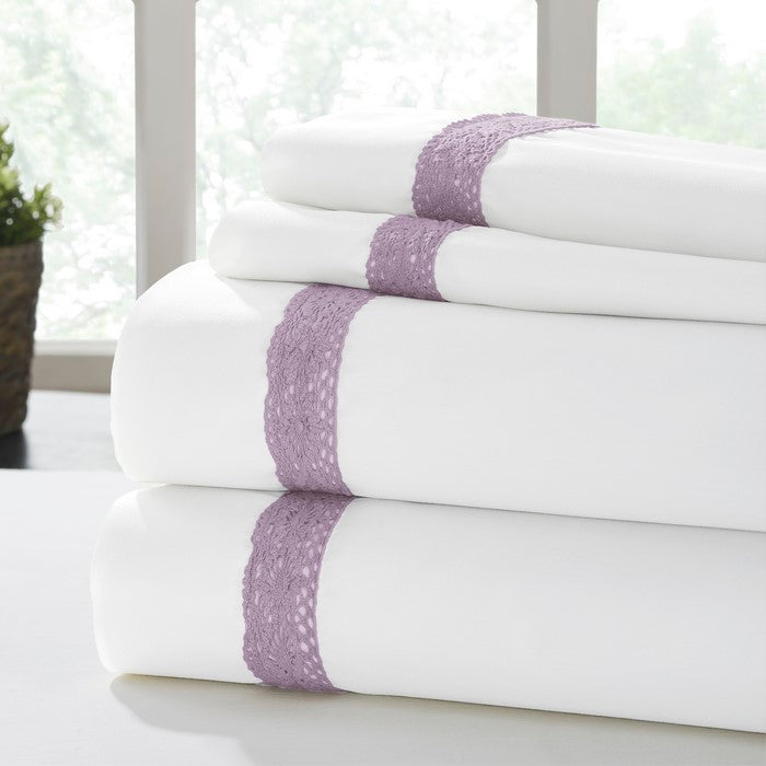 Pisa 4 Piece Sunshine Lace Hem Full Size Sheet Set The Urban Port, White and Purple