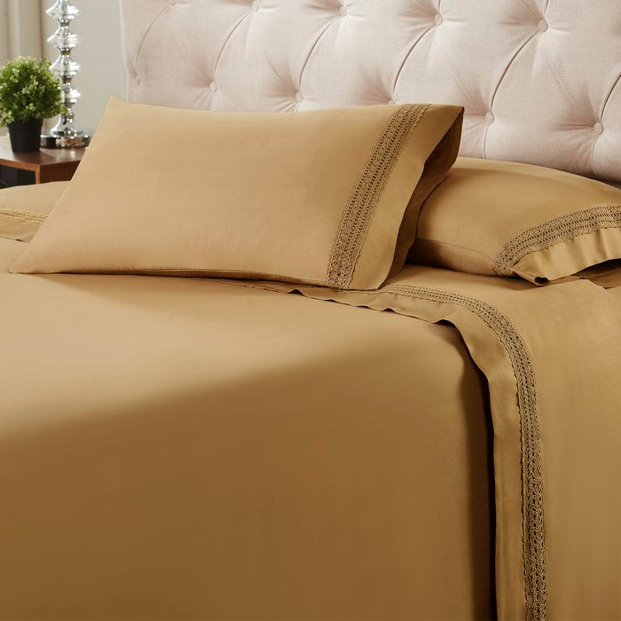 Pisa 4 Piece Avenue Lace Hem Queen Size Sheet Set The Urban Port, Brown