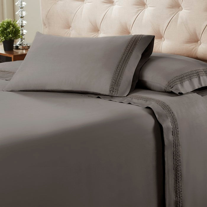 Pisa 4 Piece Avenue Lace Hem Queen Size Sheet Set The Urban Port, Gray