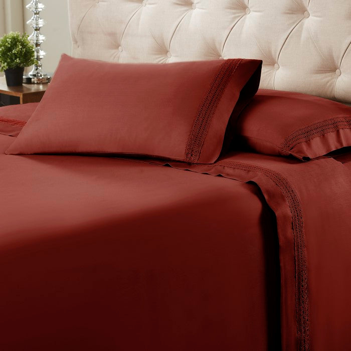 Pisa 4 Piece Avenue Lace Hem Queen Size Sheet Set The Urban Port, Red