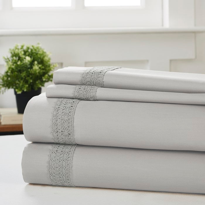 Pisa 4 Piece Avenue Lace Hem Queen Size Sheet Set The Urban Port, Silver