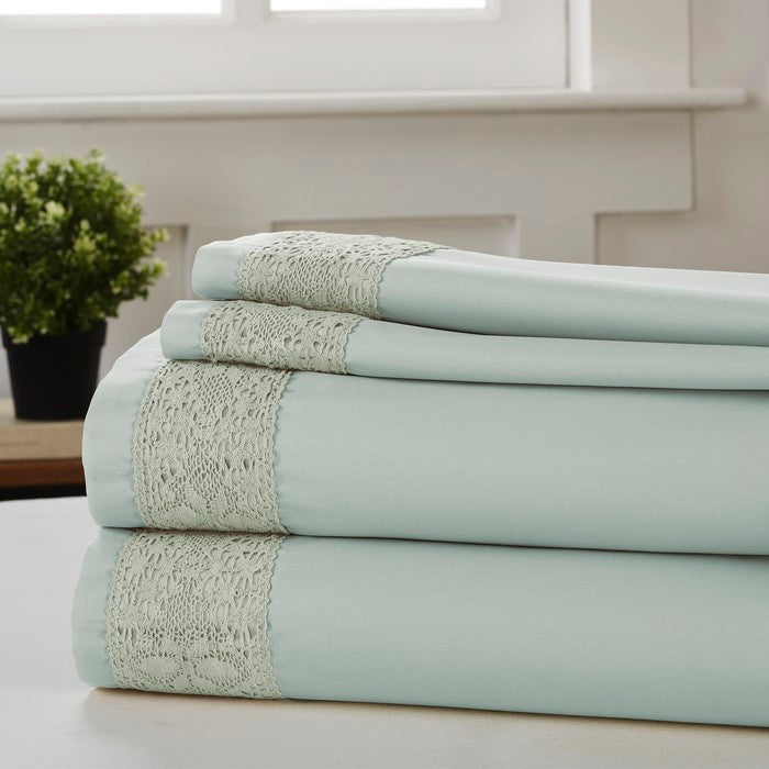 Pisa 4 Piece Diamond Lace Hem Queen Size Sheet Set The Urban Port, Blue