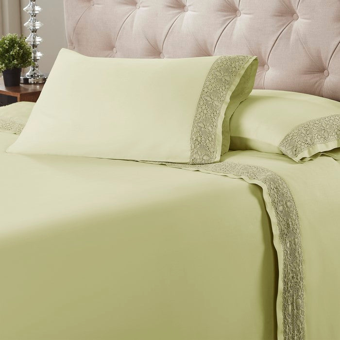 Pisa 4 Piece Diamond Lace Hem Queen Size Sheet Set The Urban Port, Olive Green