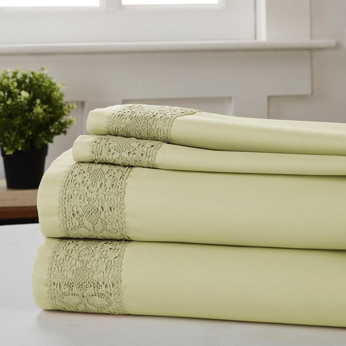 Pisa 4 Piece Diamond Lace Hem Queen Size Sheet Set The Urban Port, Olive Green