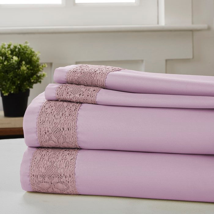 Pisa 4 Piece Diamond Lace Hem Queen Size Sheet Set The Urban Port, Purple