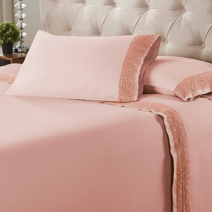 Pisa 4 Piece Diamond Lace Hem Queen Size Sheet Set The Urban Port, Pink