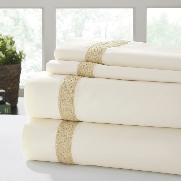 Pisa 4 Piece Daisy Lace Hem Queen Size Sheet Set The Urban Port, Beige