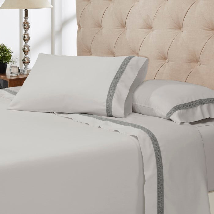 Pisa 4 Piece Daisy Lace Hem Queen Size Sheet Set The Urban Port, Gray
