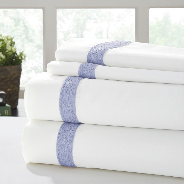 Pisa 4 Piece Daisy Lace Hem Queen Size Sheet Set The Urban Port, Blue and White