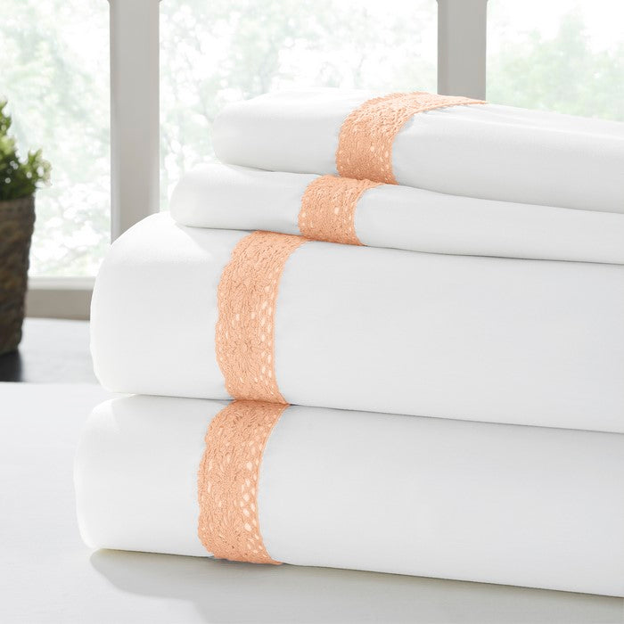 Pisa 4 Piece Sunshine Lace Hem Queen Size Sheet Set The Urban Port, White and Orange