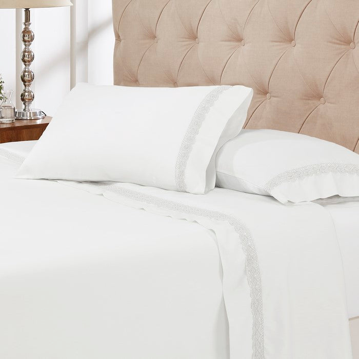 Pisa 4 Piece Sunshine Lace Hem Queen Size Sheet Set The Urban Port, White
