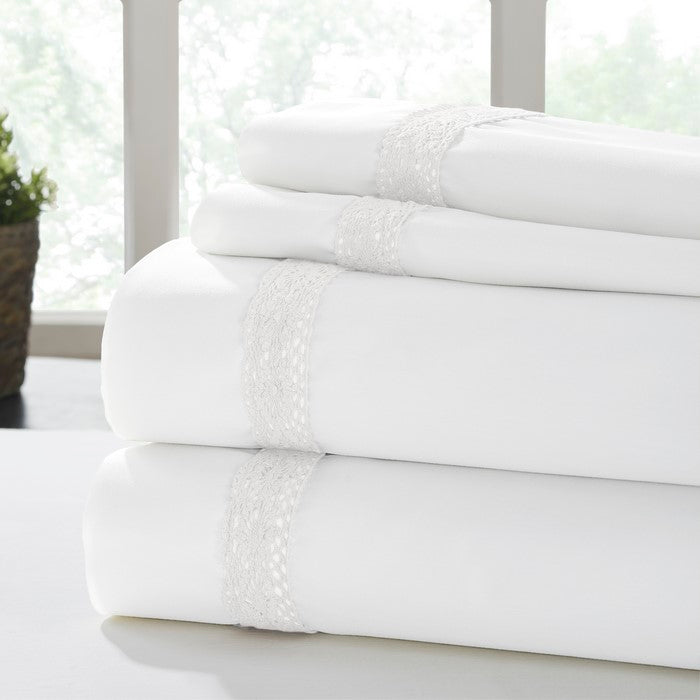 Pisa 4 Piece Sunshine Lace Hem Queen Size Sheet Set The Urban Port, White