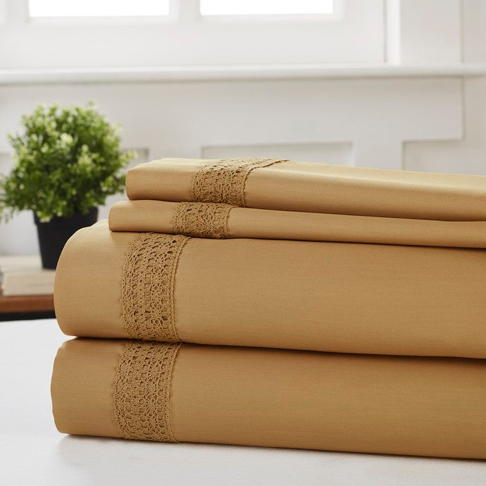Pisa 4 Piece Avenue Lace Hem California king Size Sheet Set The Urban Port, Brown