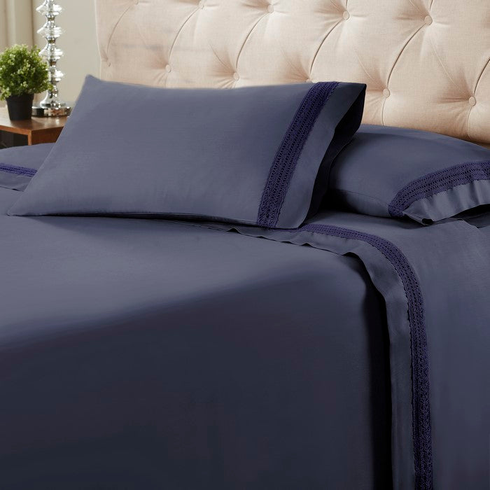 Pisa 4 Piece Avenue Lace Hem California king Size Sheet Set The Urban Port, Blue